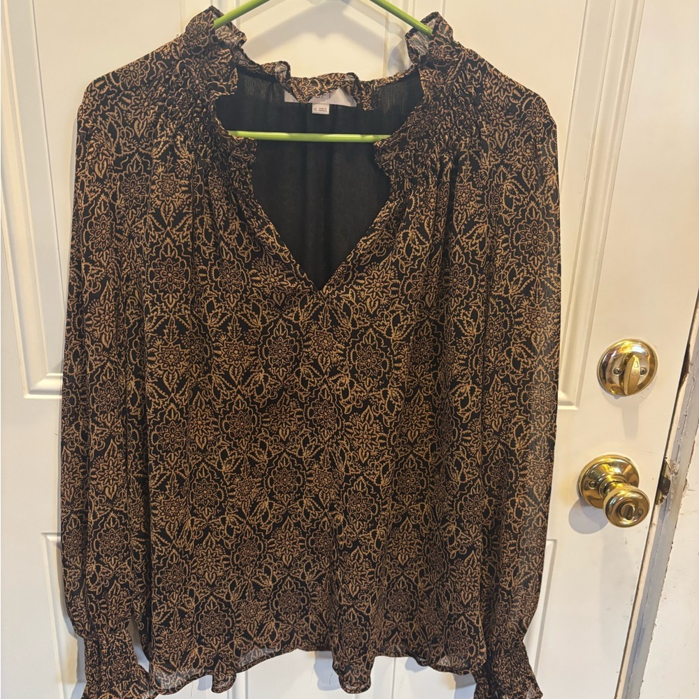 LOFT Black and Brown Patterned Blouse